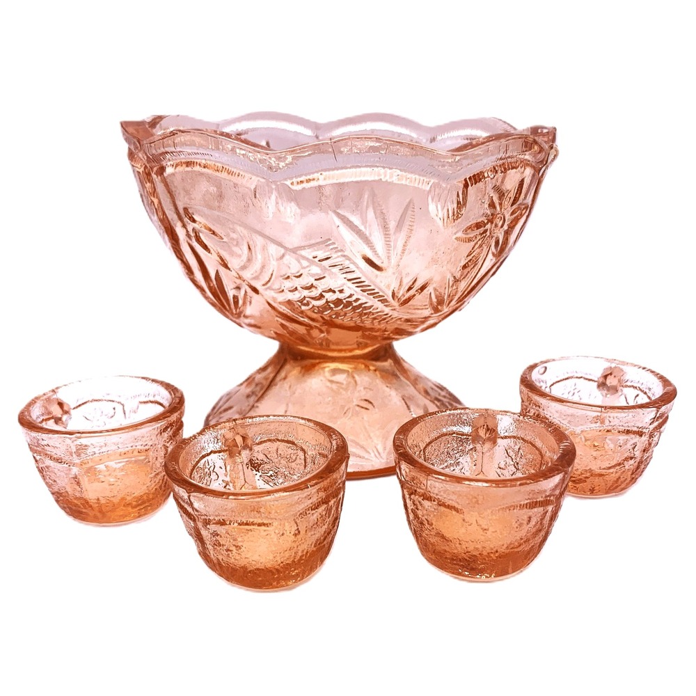 Mini VS Pink Glass Doll House Size Koi Fish Pattern Punchbowl Cups Set Vtg 1980s